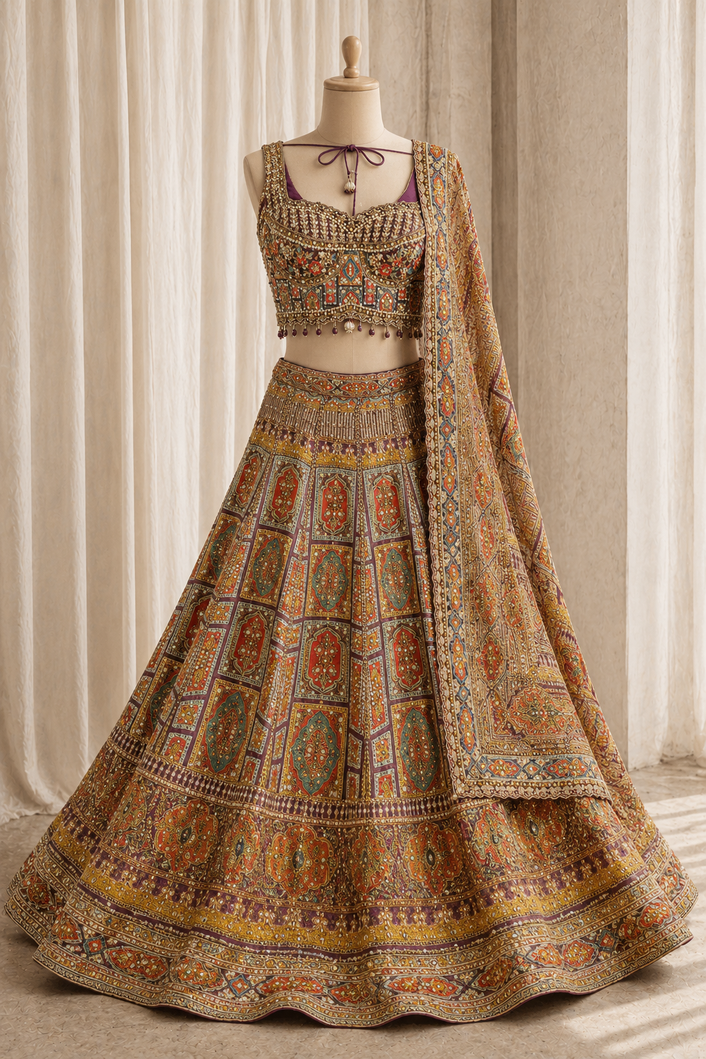 Breathtaking Mirror Work and Crepe Silk Fabric Multi Color Lehenga Choli