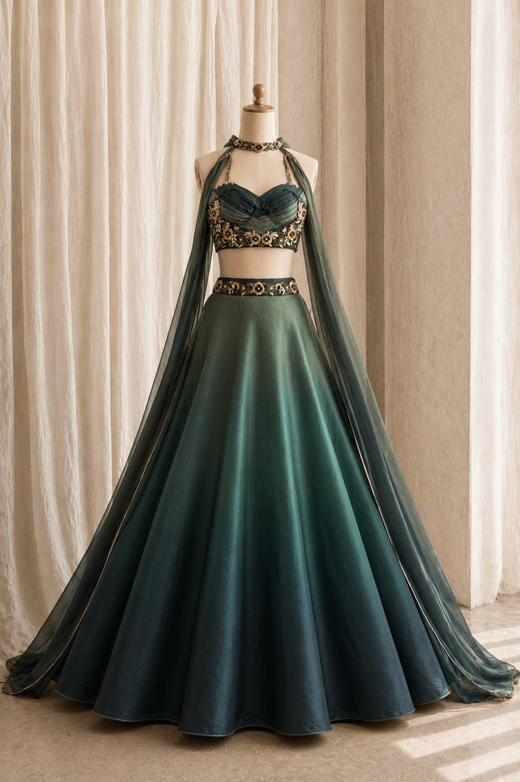 Brilliant Cutdana Work and Jimmy Choo Fabric Bottle Green Color Lehenga Choli