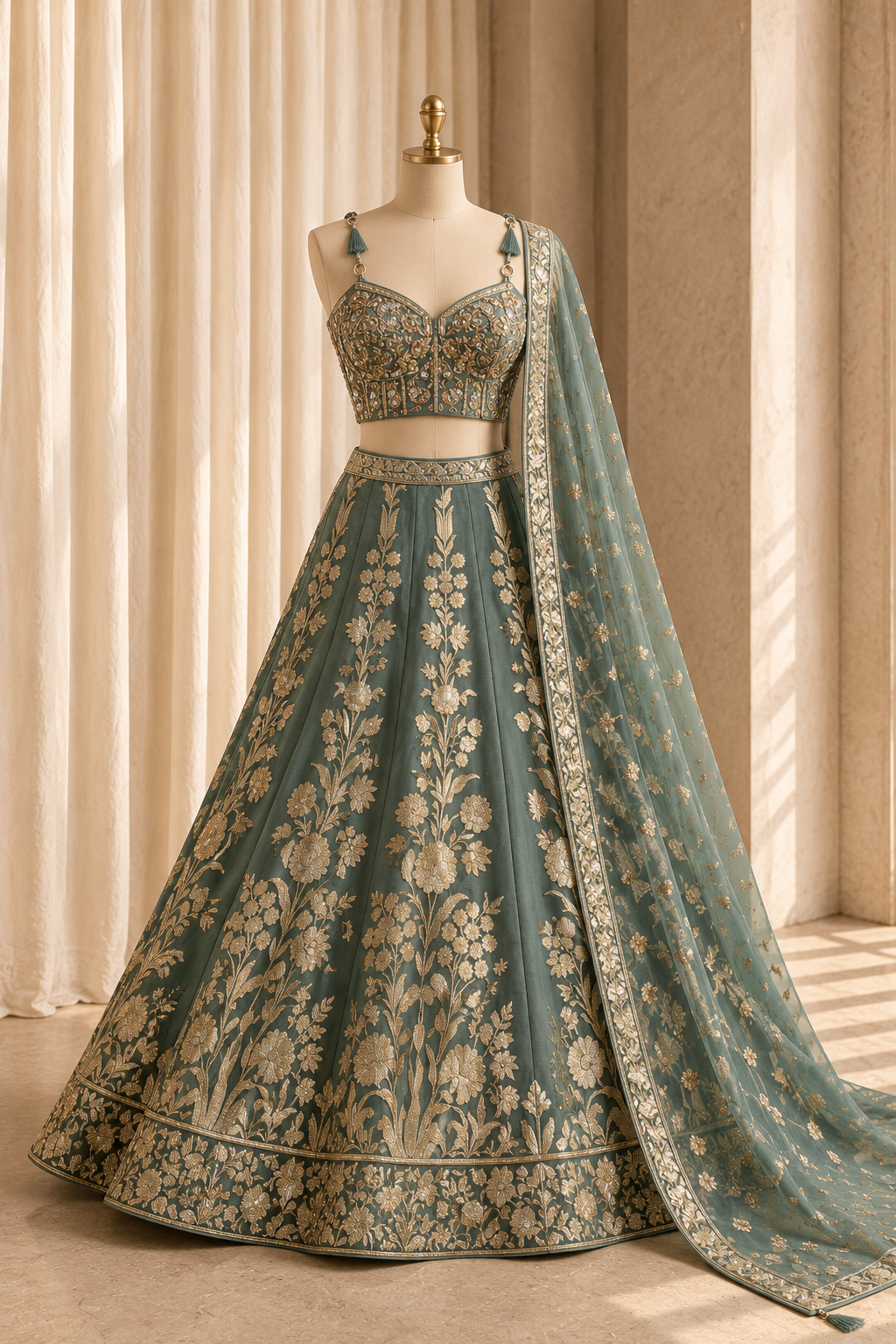 Divine Weaving Print Work and Banarasi Silk Fabric Sea Green Color Lehenga Choli