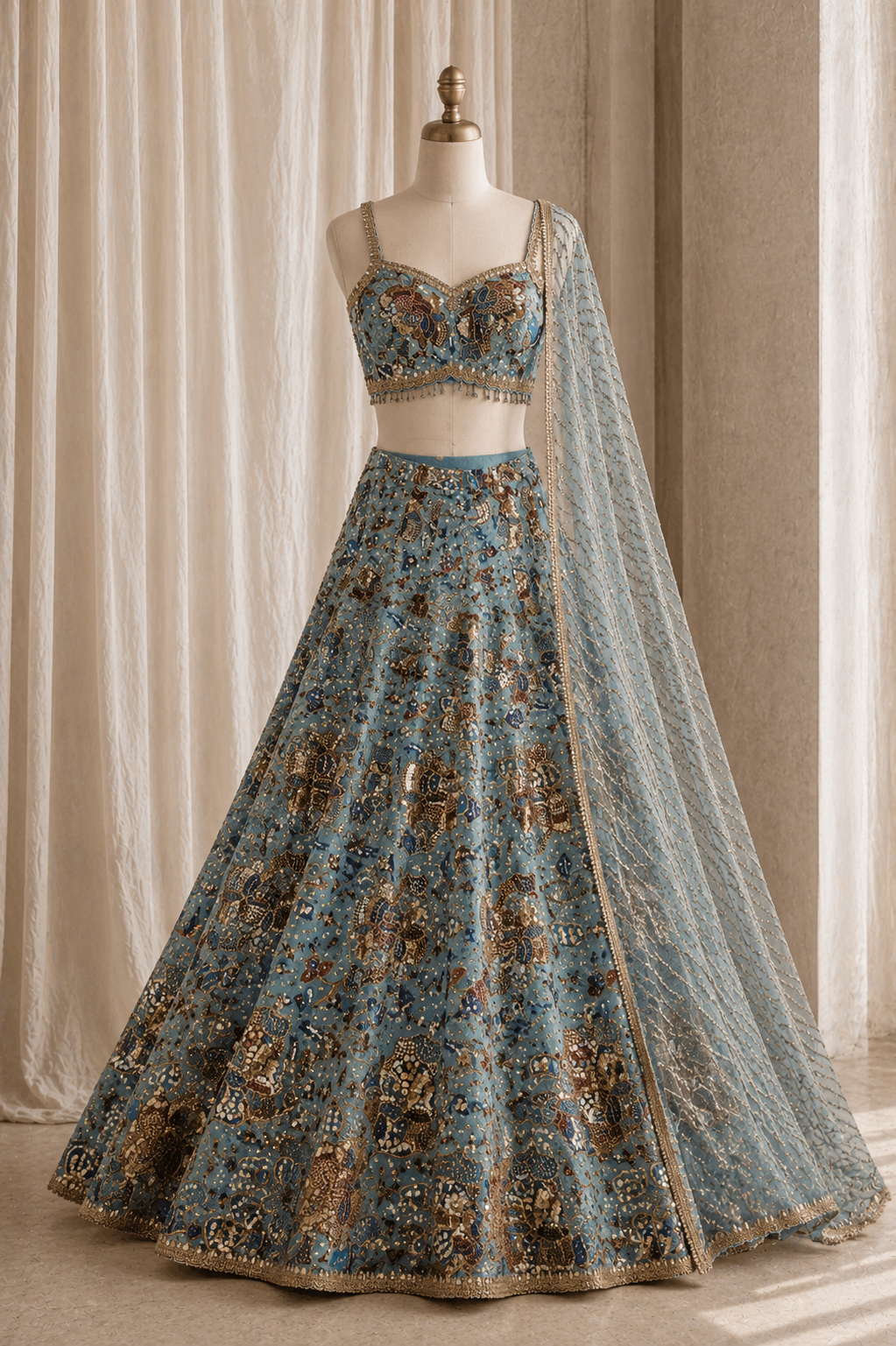 Amazing Digital Print Work and Shimmer Silk Fabric Aque Color Lehenga Choli