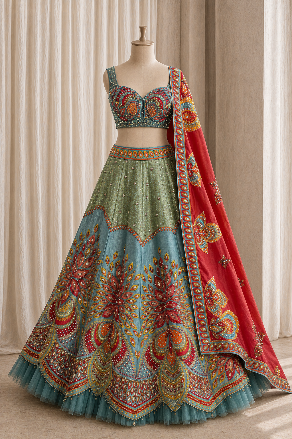 Trendy Pearl Work and Art Silk Fabric Sea Blue Color PDP Style Lehenga Choli