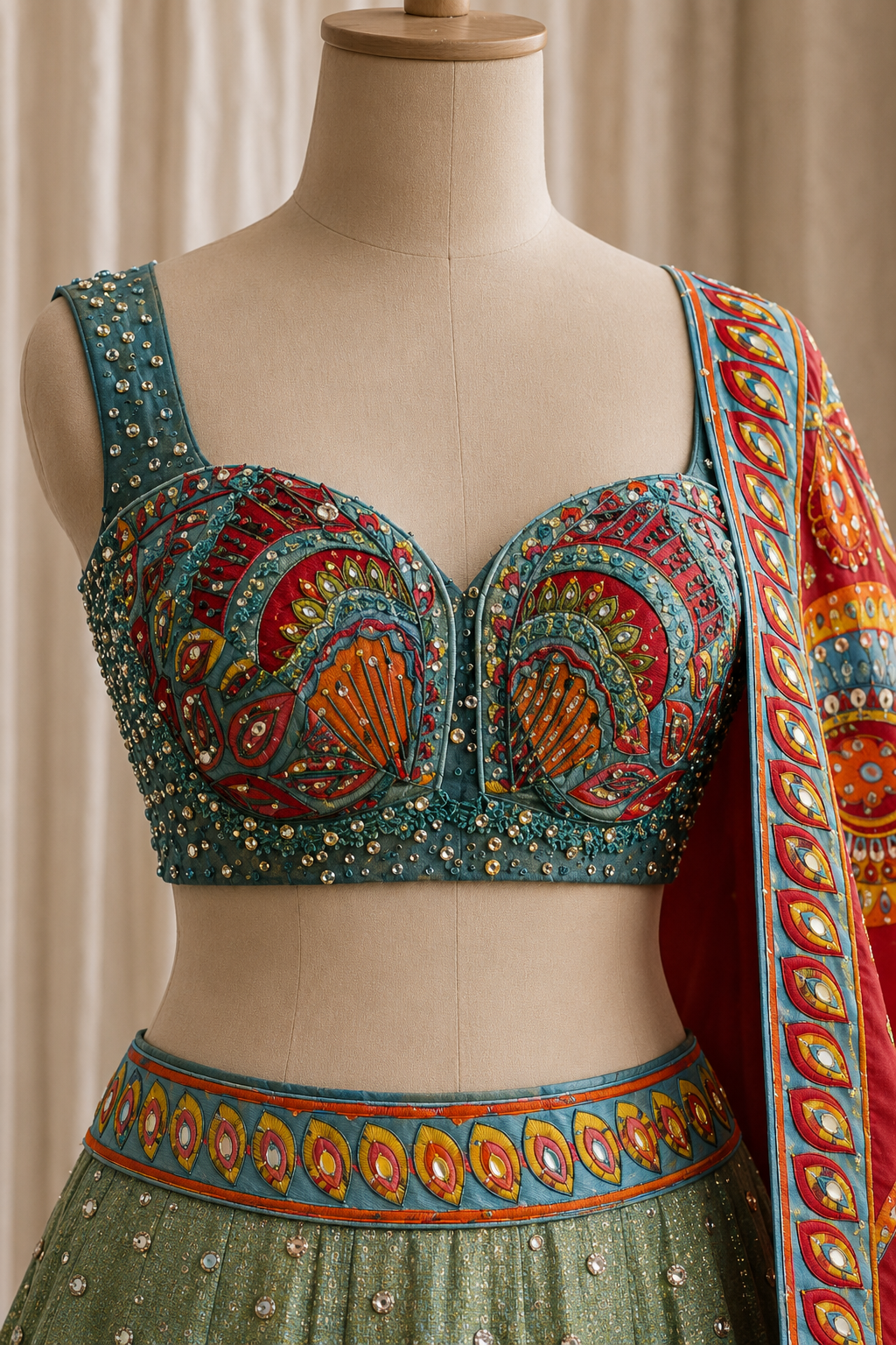 Trendy Pearl Work and Art Silk Fabric Sea Blue Color PDP Style Lehenga Choli