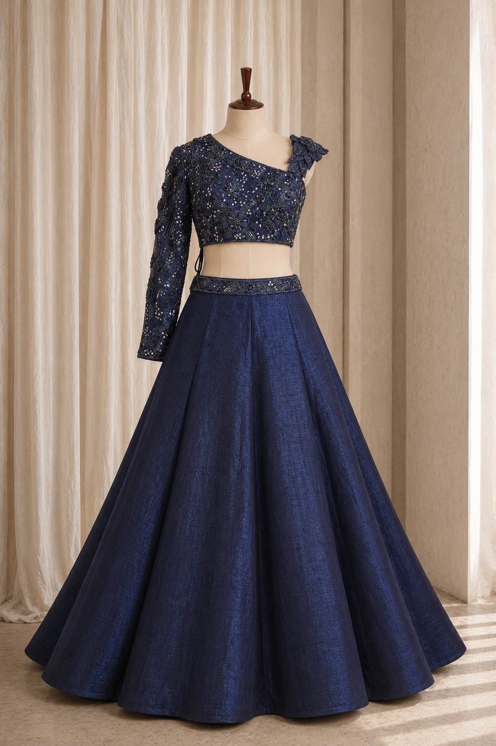 Radiant Sequins Work and Satin Fabric Navy Blue Color Lehenga Choli