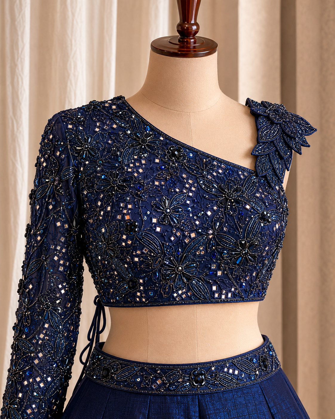 Radiant Sequins Work and Satin Fabric Navy Blue Color Lehenga Choli