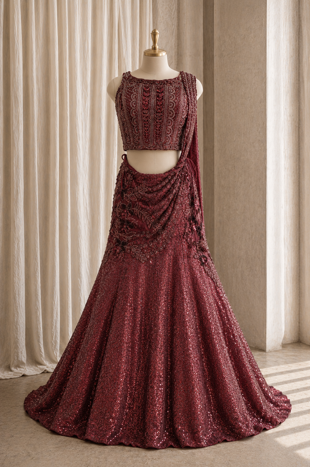 Attractive Moti Work and Soft Net Fabric Maroon Color Fishcut Lehenga Choli