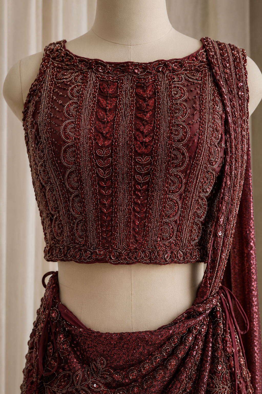 Attractive Moti Work and Soft Net Fabric Maroon Color Fishcut Lehenga Choli