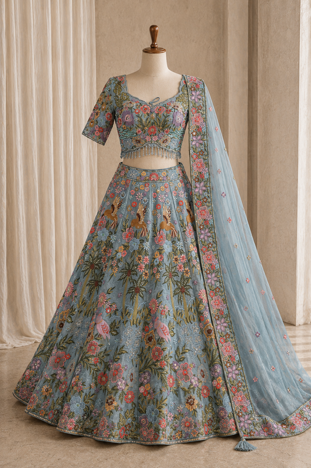 Confident Embroidery Work and Jimmy Choo Silk Fabric Sky Blue Color Lehenga Choli