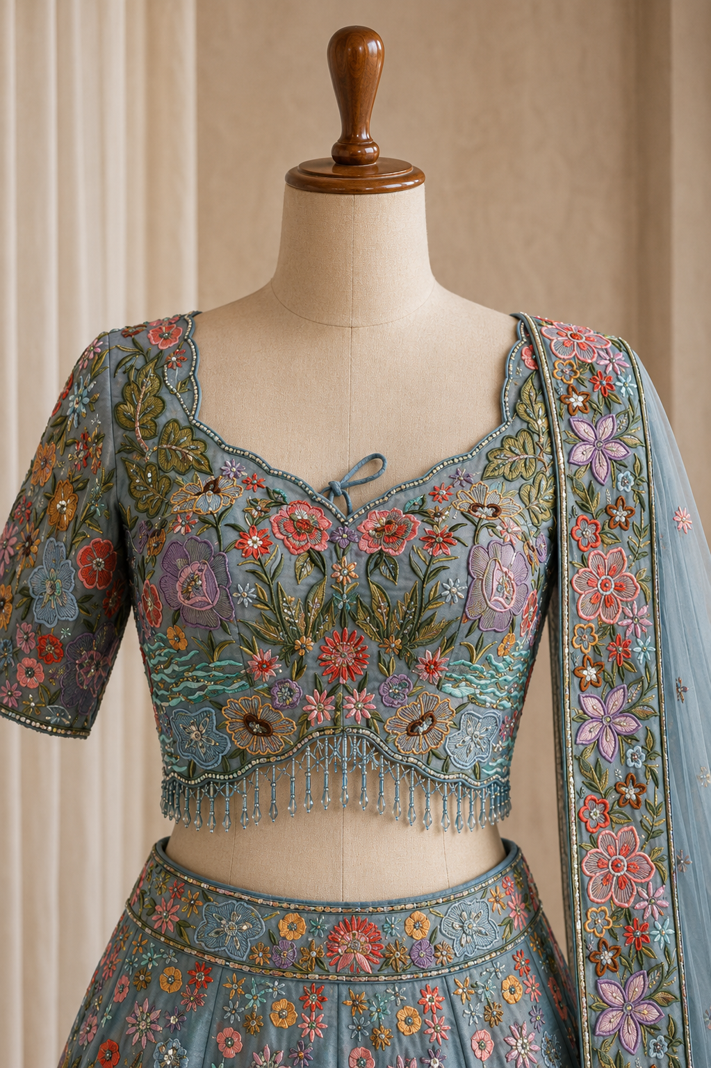 Confident Embroidery Work and Jimmy Choo Silk Fabric Sky Blue Color Lehenga Choli