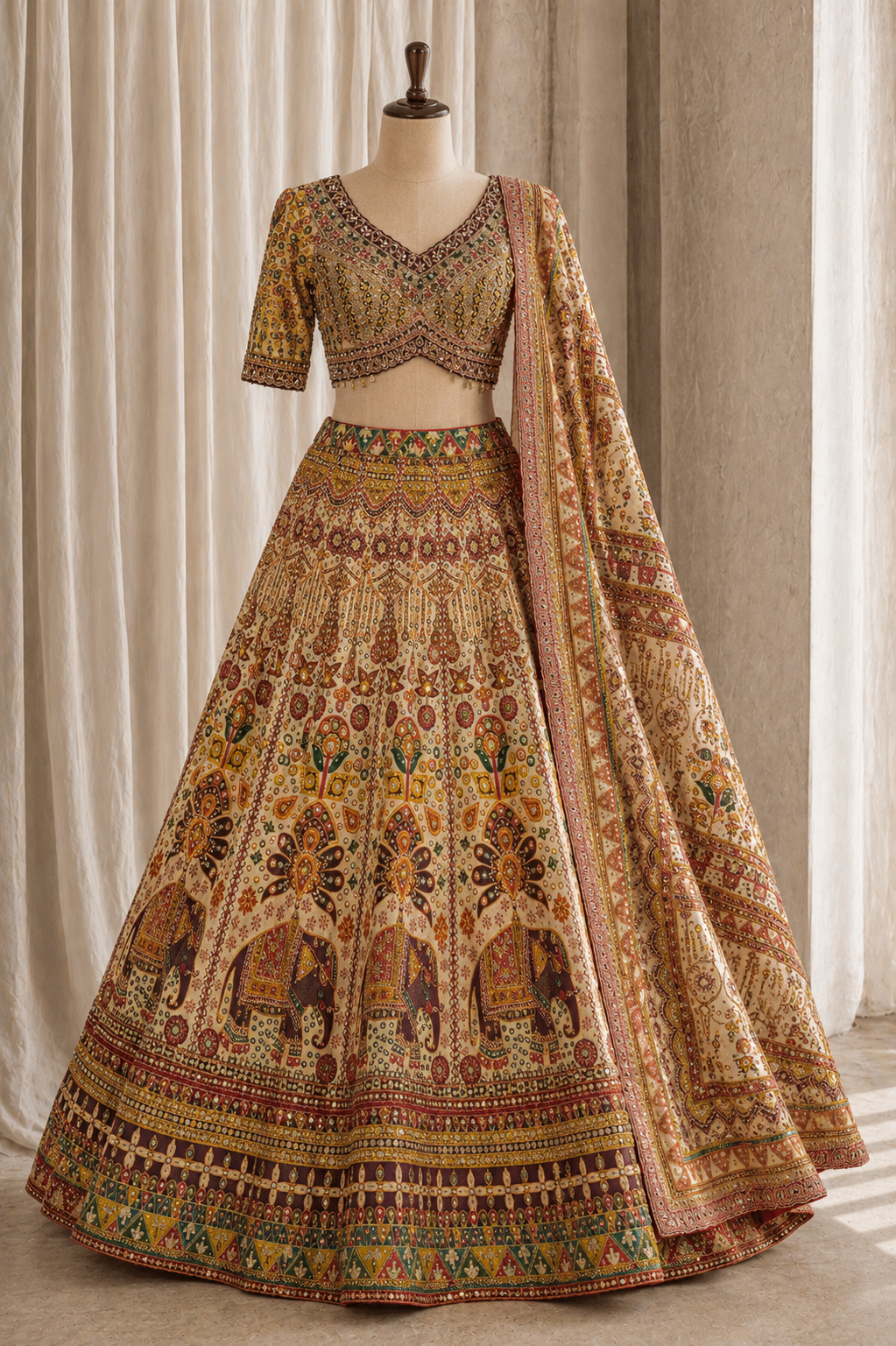 Captivating Mirror Work and Crepe Silk Fabric Beige Color Lehenga Choli