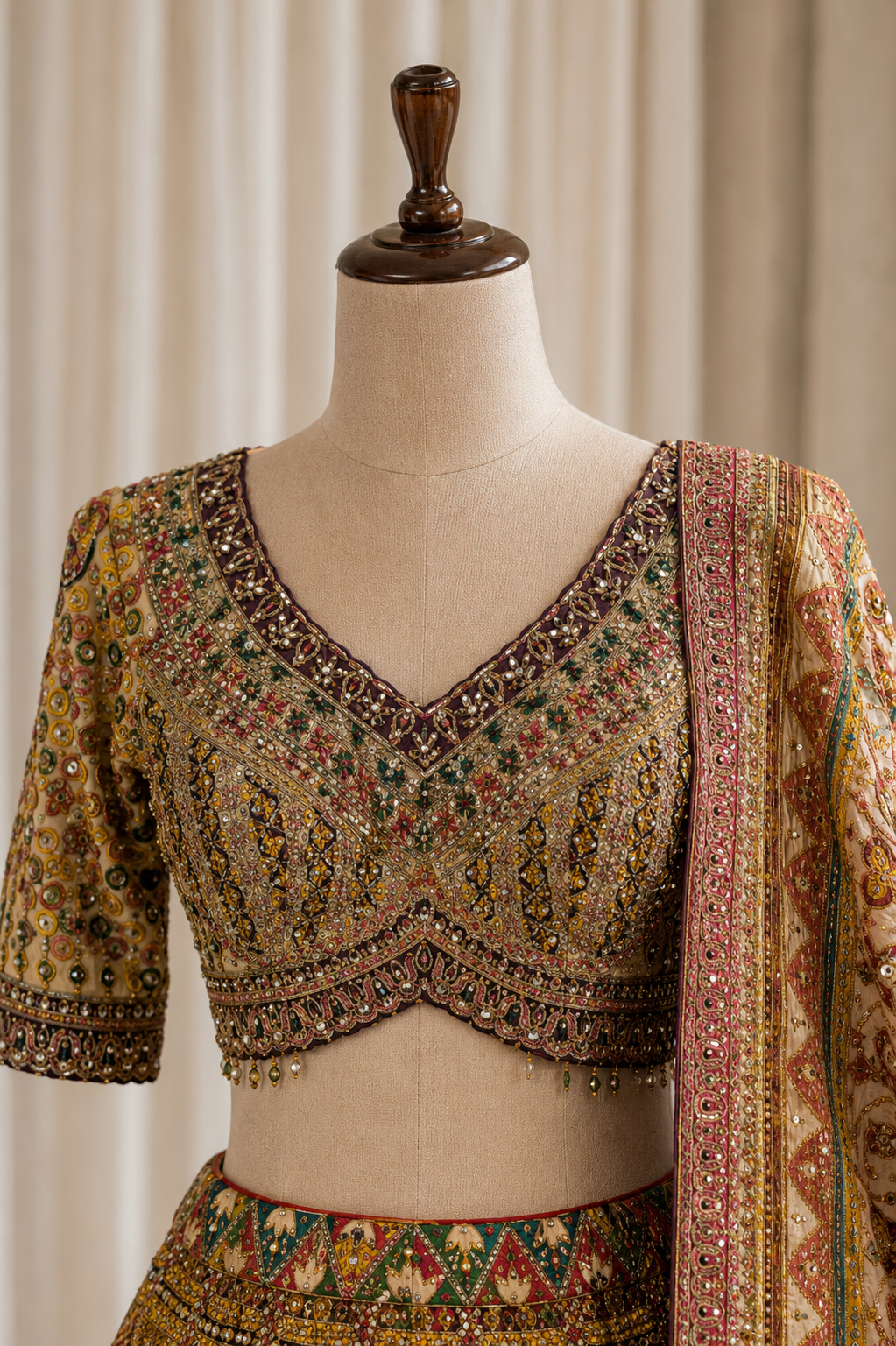 Captivating Mirror Work and Crepe Silk Fabric Beige Color Lehenga Choli
