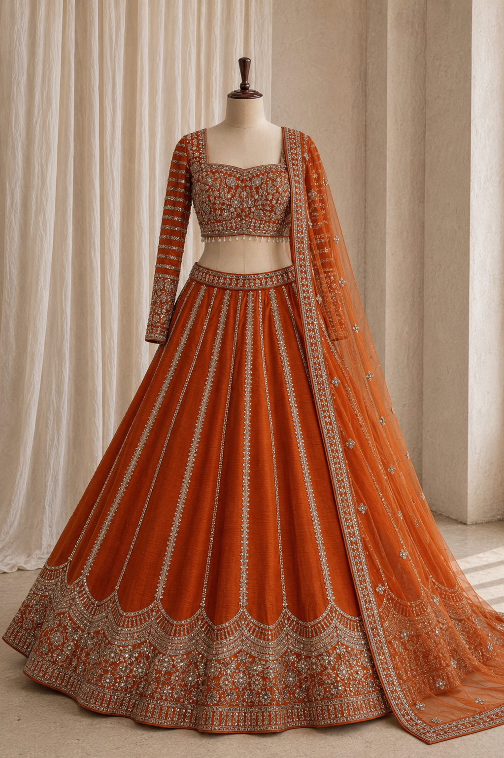 Royal Mirror Work and Raw Silk Fabric Rust Color Lehenga Choli