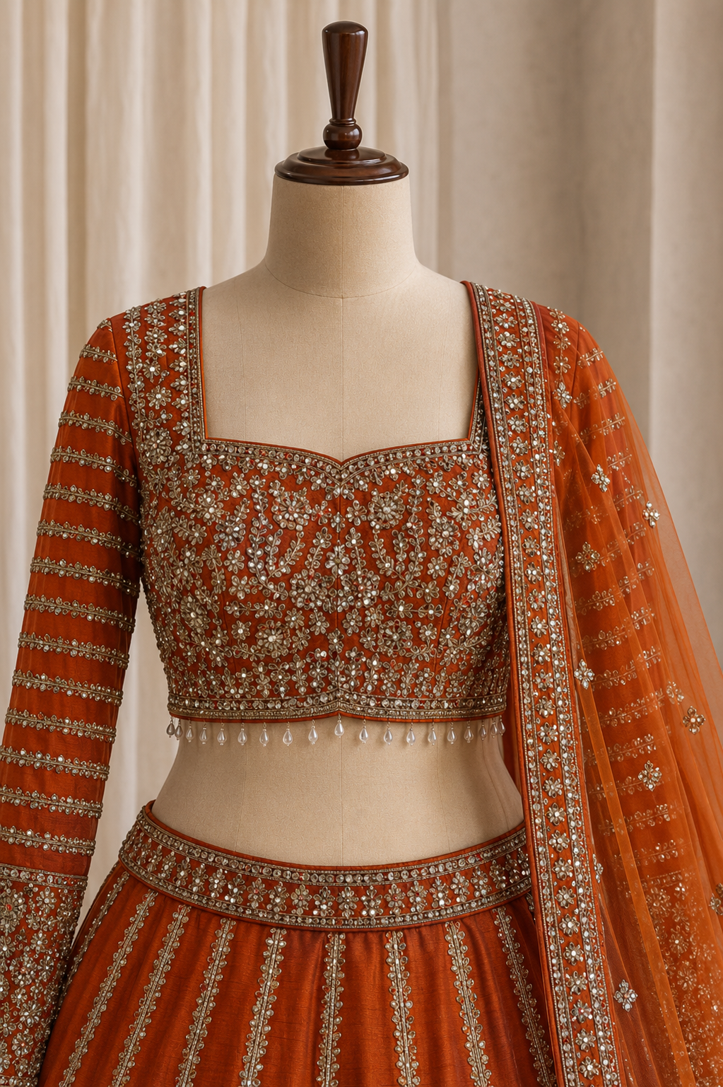 Royal Mirror Work and Raw Silk Fabric Rust Color Lehenga Choli