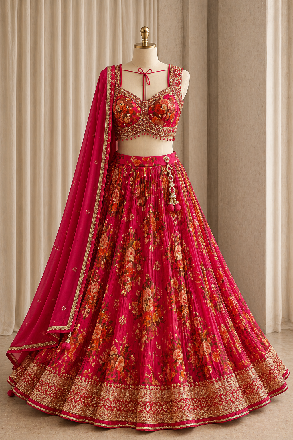 Designer Weaving Print Work and Georgette Fabric Rani Color Lehenga Choli