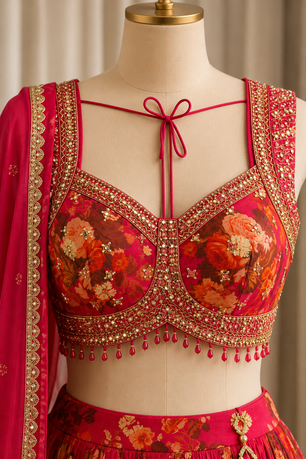 Designer Weaving Print Work and Georgette Fabric Rani Color Lehenga Choli