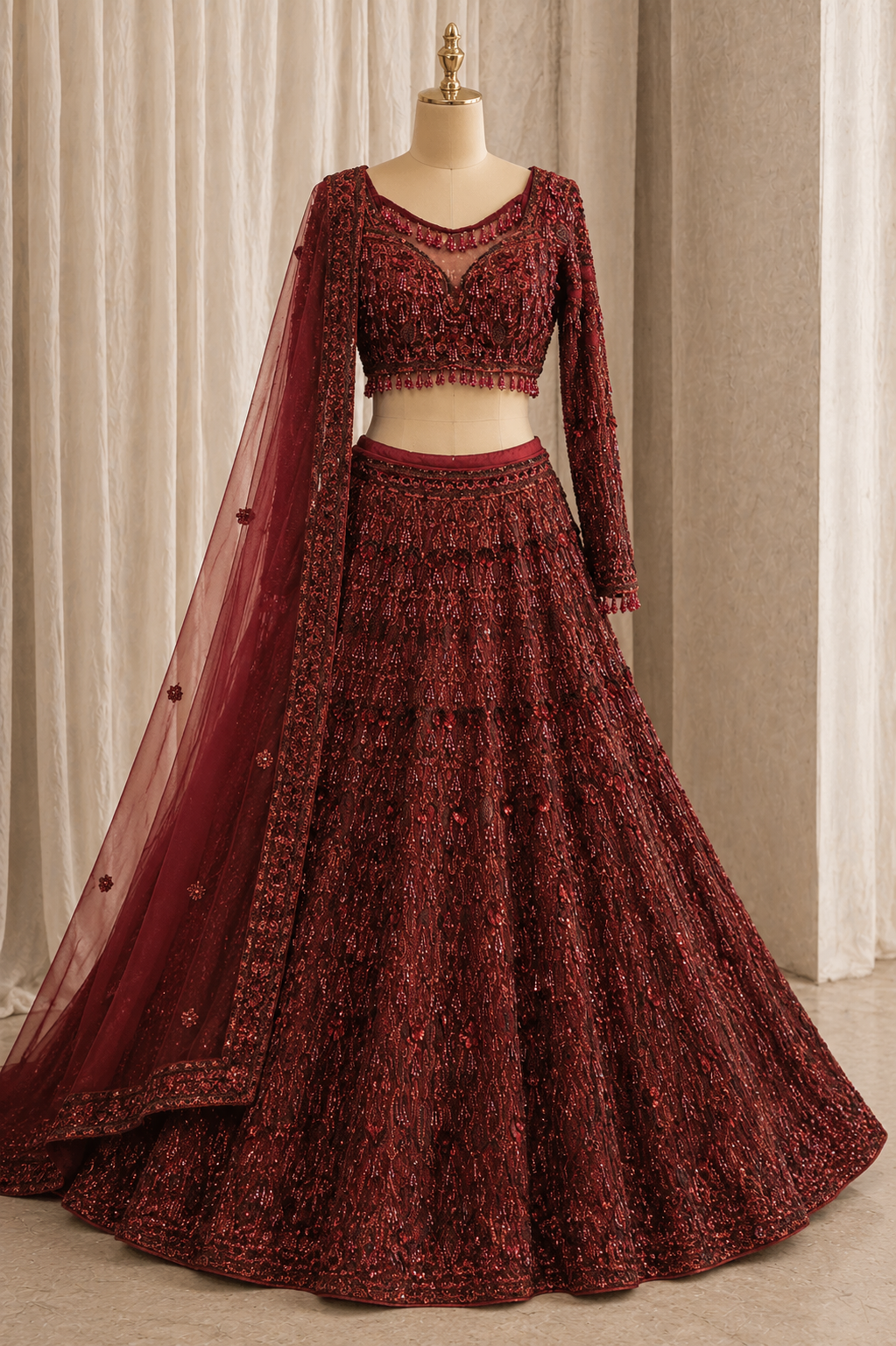 Stunning Crystal Work and Soft Net Fabric Maroon Color Lehenga Choli
