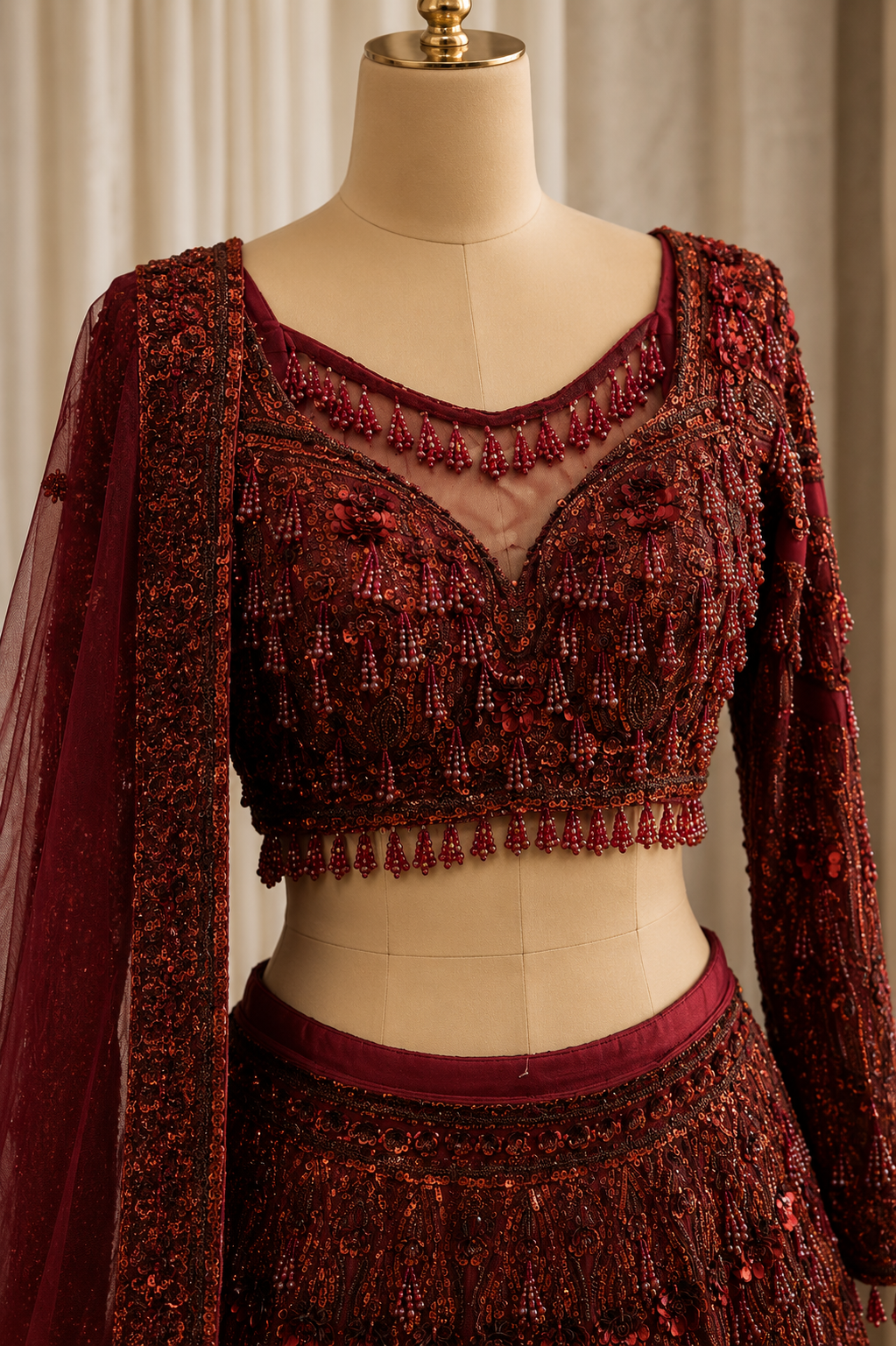 Stunning Crystal Work and Soft Net Fabric Maroon Color Lehenga Choli