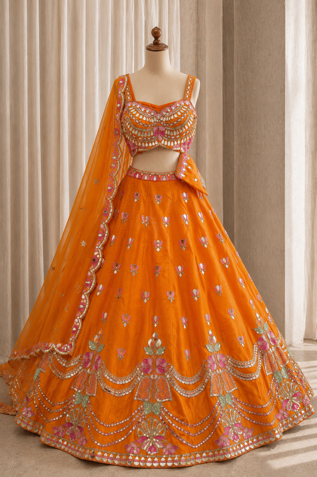 Wonderful Sequins Work and Raw Silk Fabric Orange Color PDP Style Lehenga Choli