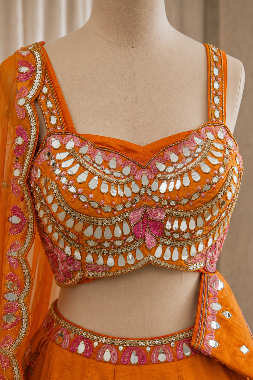 Wonderful Sequins Work and Raw Silk Fabric Orange Color PDP Style Lehenga Choli