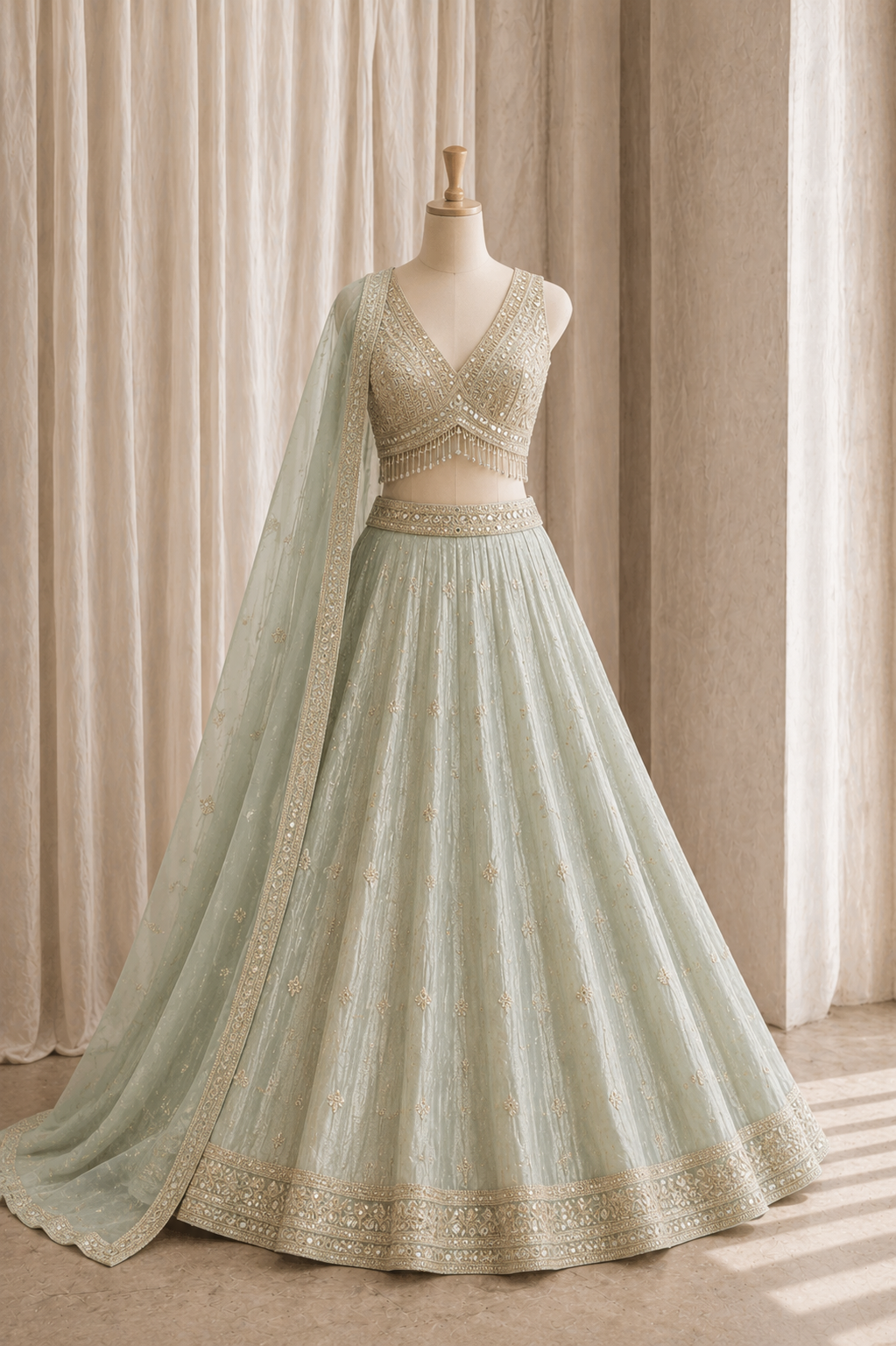 Marvelous Mirror Work and Tissue Fabric Pastel Green Color Lehenga Choli