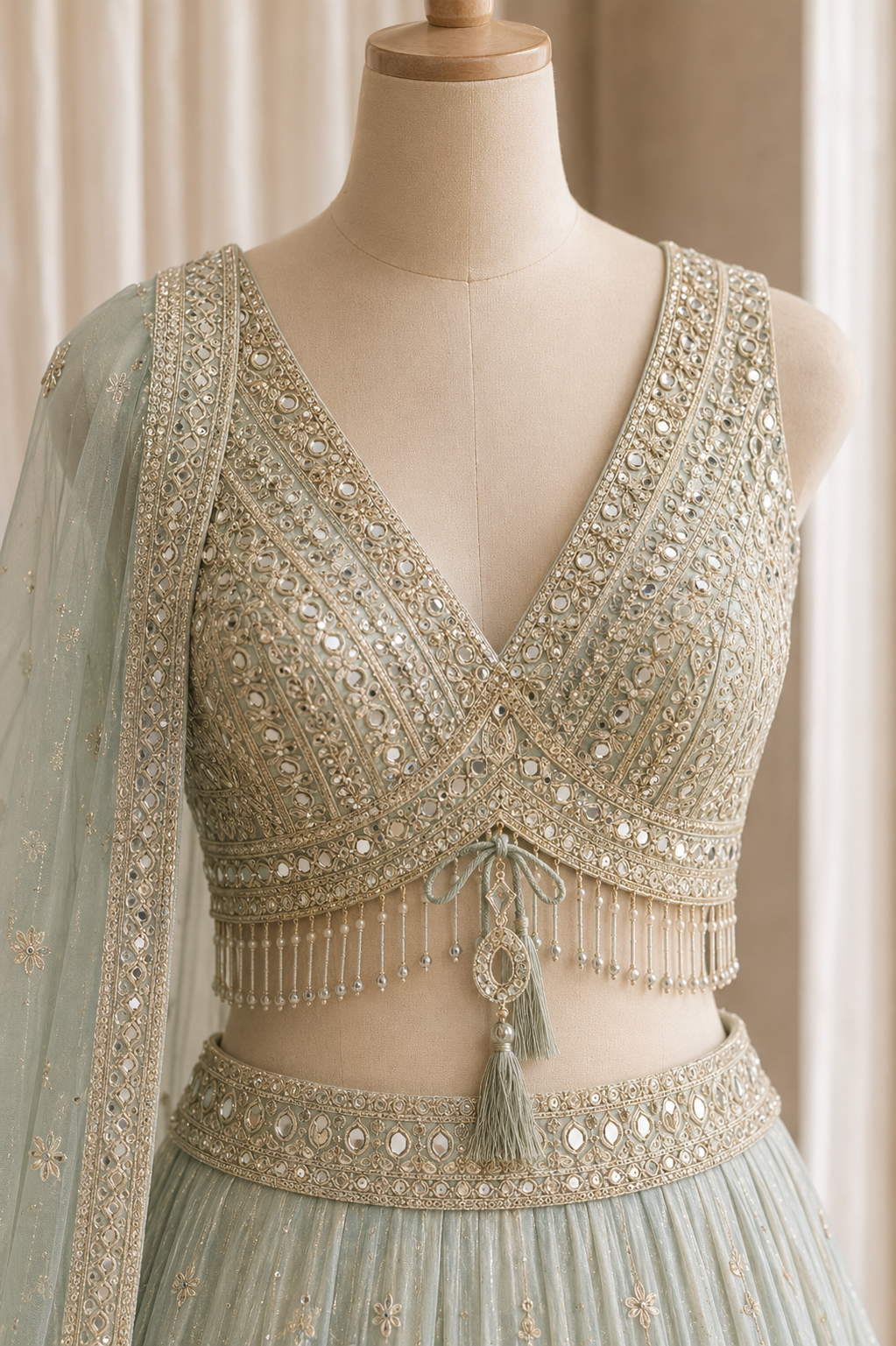 Marvelous Mirror Work and Tissue Fabric Pastel Green Color Lehenga Choli