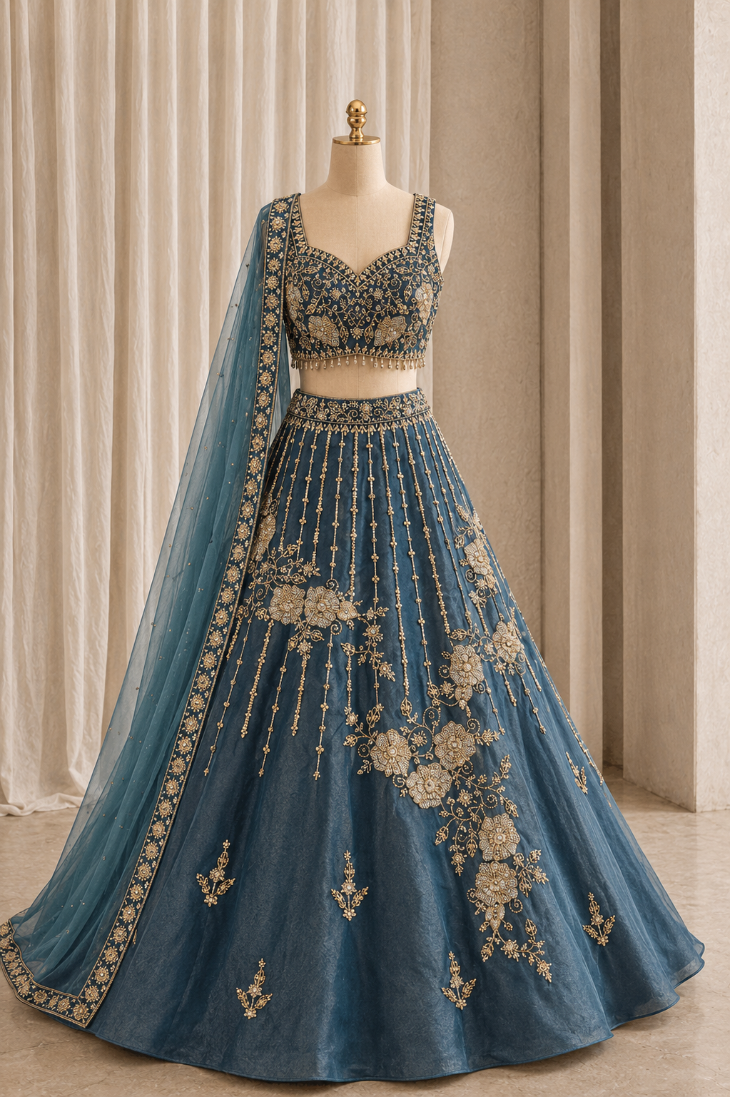 Incredible Moti Work and Shimmer Fabric Rama Color Lehenga Choli