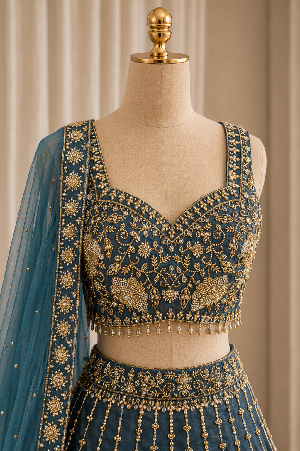 Incredible Moti Work and Shimmer Fabric Rama Color Lehenga Choli