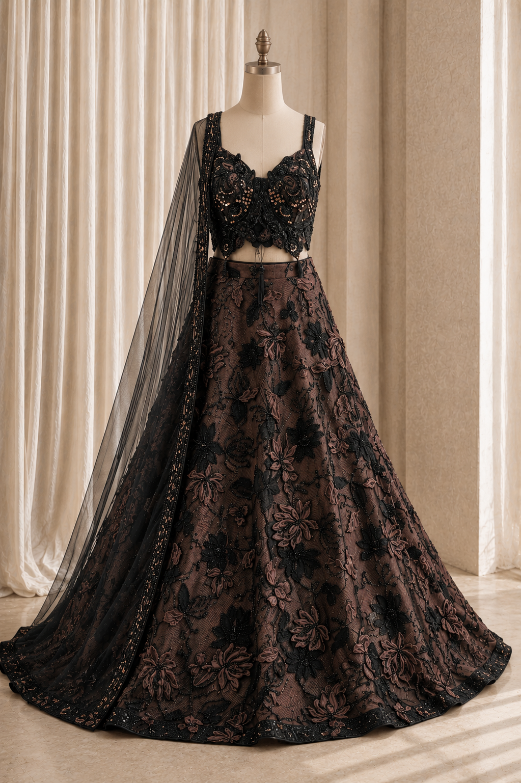 Dazzling Fancy Work and Soft Net Fabric Mauve Black Color Lehenga Choli