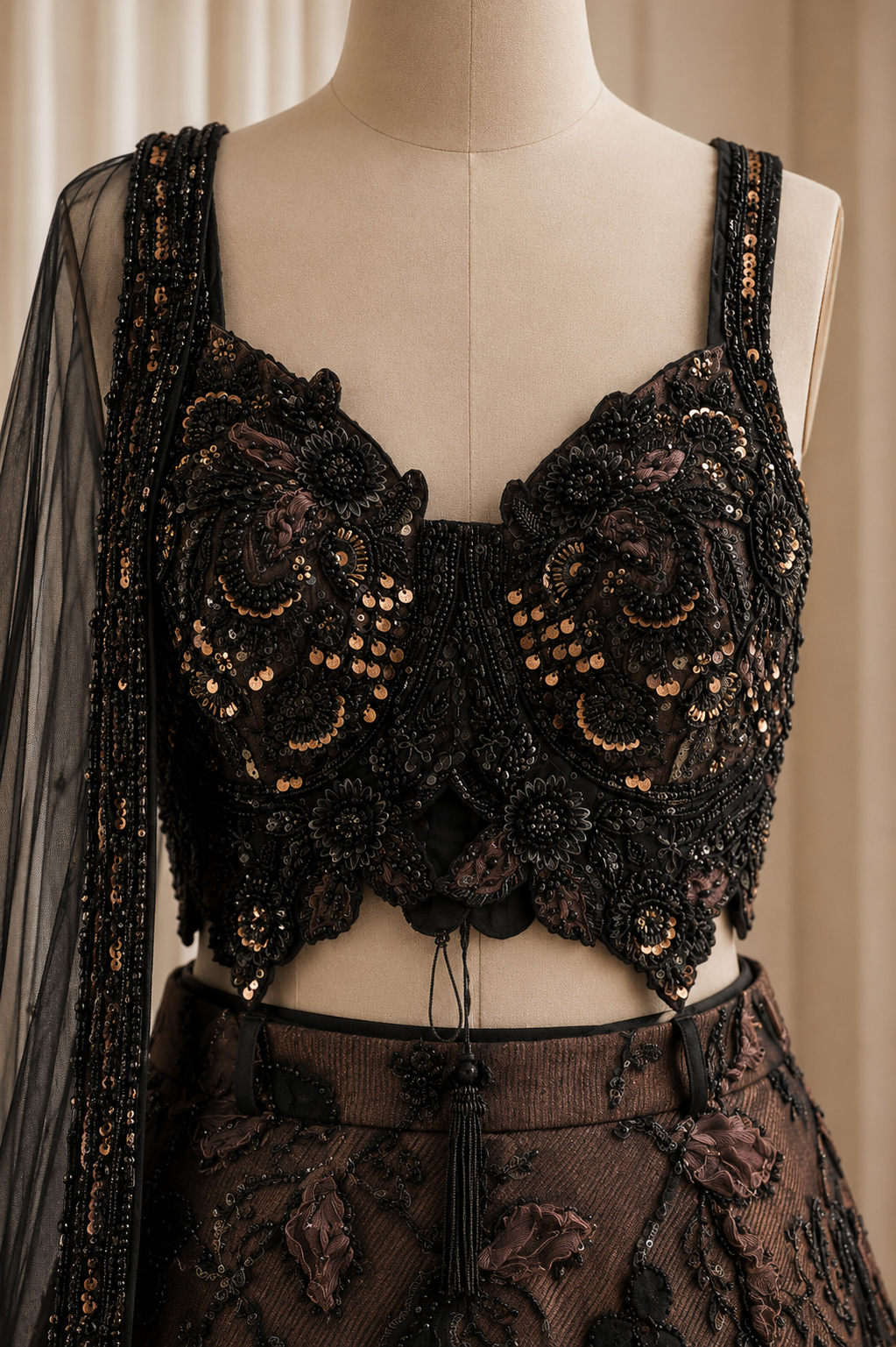 Dazzling Fancy Work and Soft Net Fabric Mauve Black Color Lehenga Choli