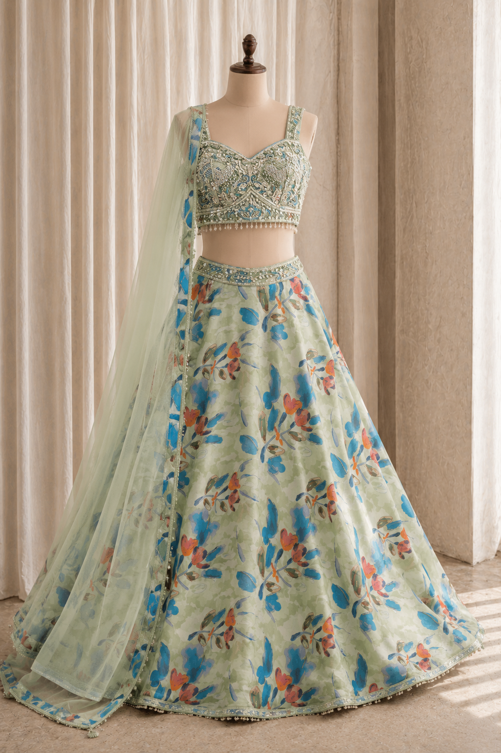 Charming Digital Print Work and Organza Fabric Sea Green Color Lehenga Choli