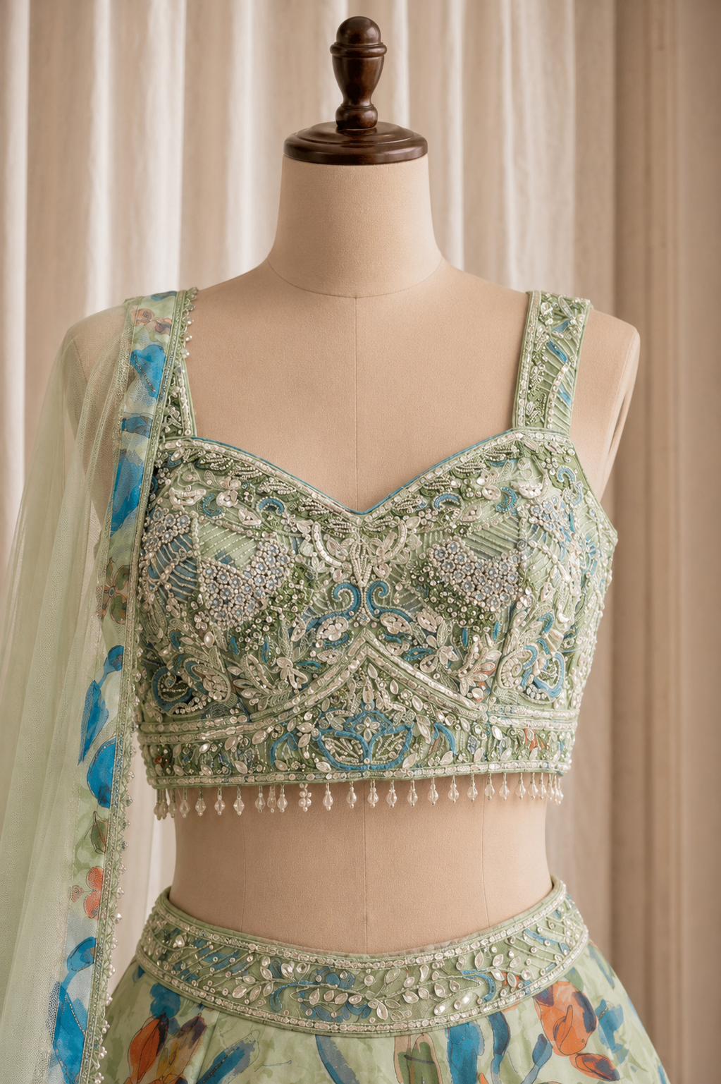 Charming Digital Print Work and Organza Fabric Sea Green Color Lehenga Choli