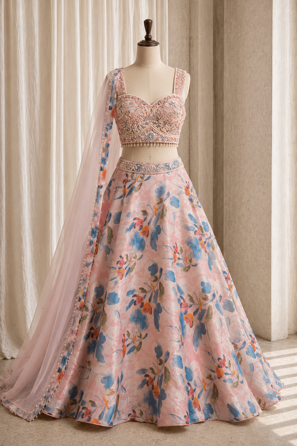 Special Digital Print Work and Organza Fabric Pink Color Lehenga Choli