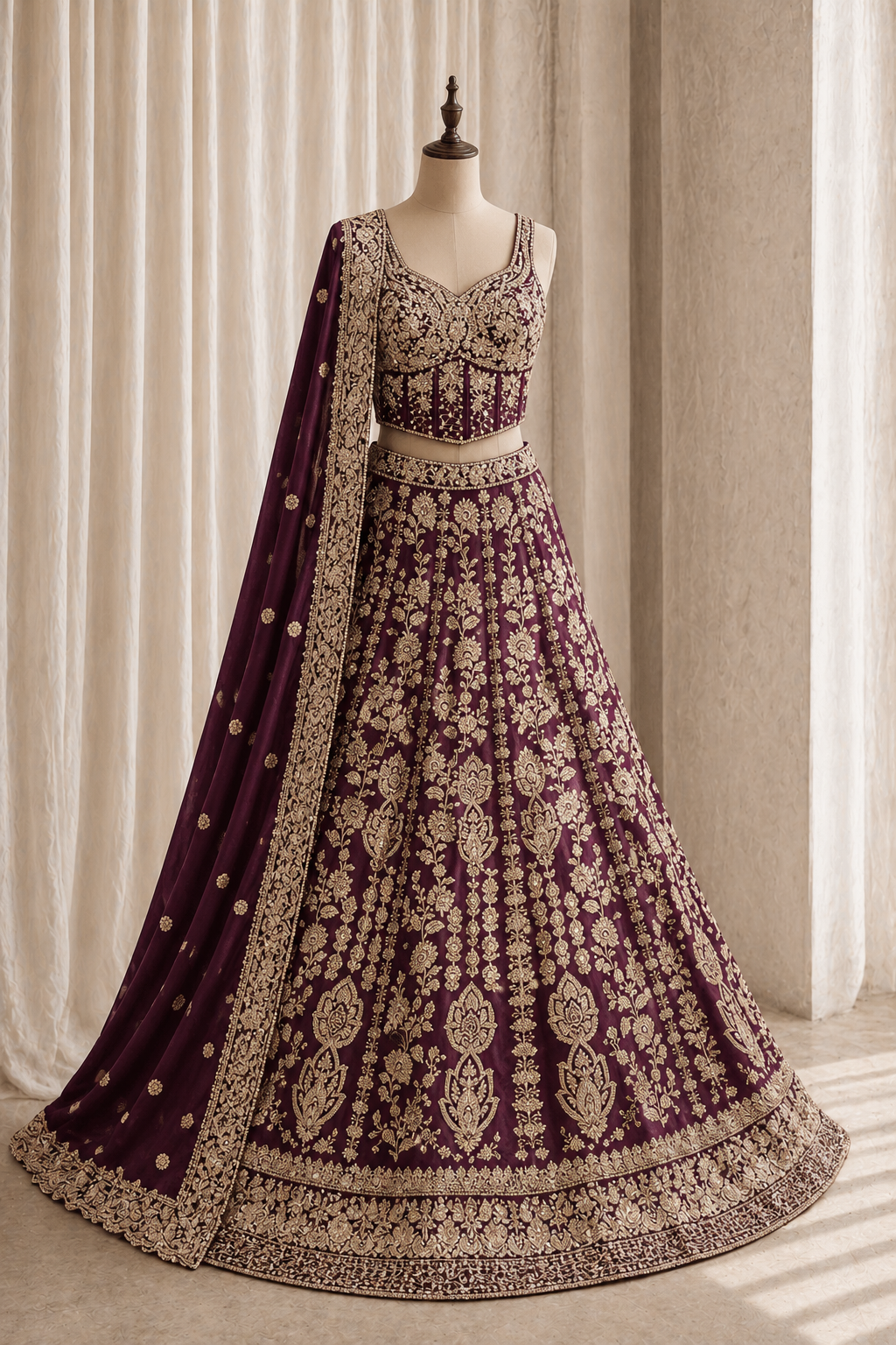 Delightful Weaving Print and Banarasi Fabric Wine Color Corset Style Lehenga Choli