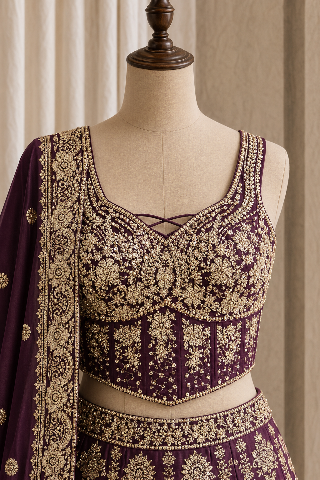 Delightful Weaving Print and Banarasi Fabric Wine Color Corset Style Lehenga Choli