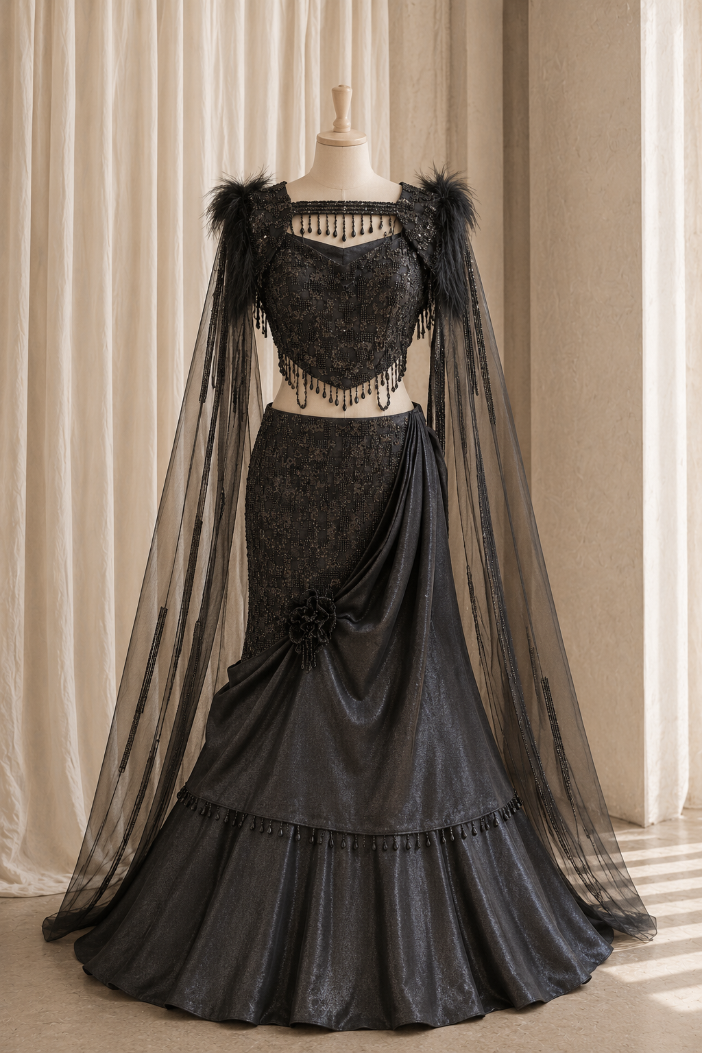Charming Moti Work and Organza Fabric Black Color Corset Style Lehenga Choli