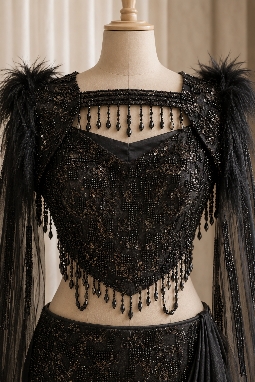 Charming Moti Work and Organza Fabric Black Color Corset Style Lehenga Choli