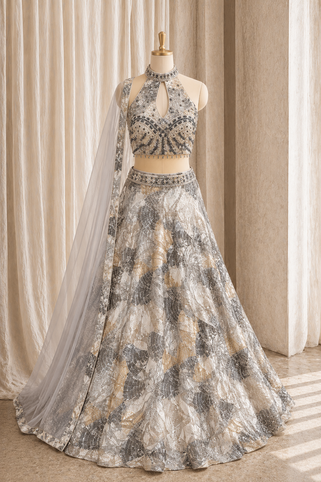 Stunning Cutdana Work and Georgette Fabric Grey Color Lehenga Choli