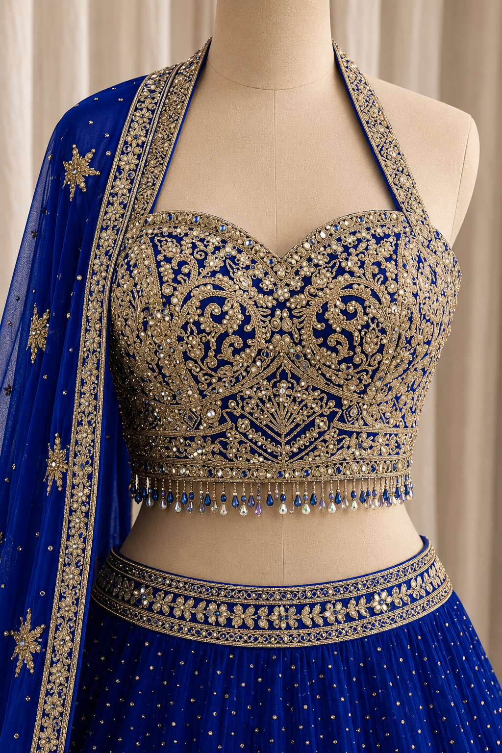 Delightful Georgette Fabric and Royal Blue Color Stone Work Lehenga Choli
