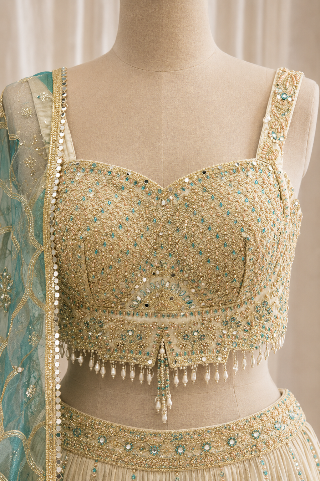 Terrific Shimmer Fabric and Beige Color Weaving Work Lehenga Choli