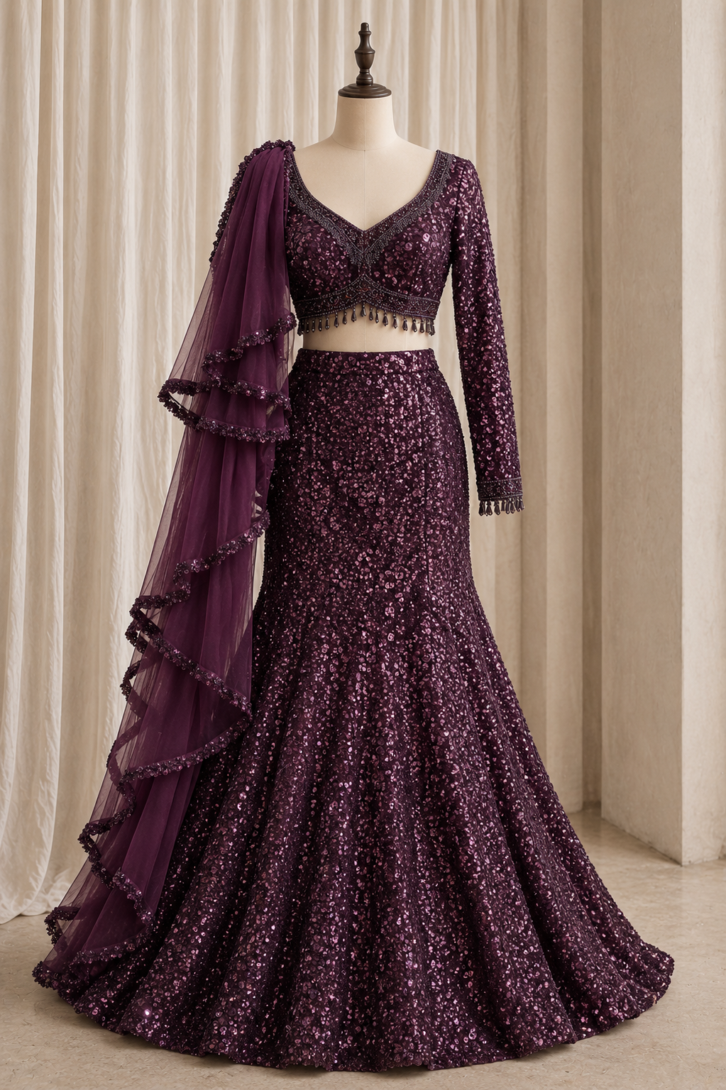 Excellent Net Fabric and Wine Color Sequins Work Marmet Cut Lehenga Choli