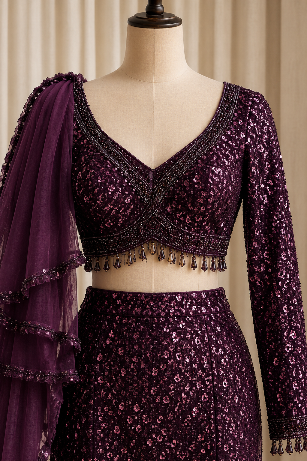 Excellent Net Fabric and Wine Color Sequins Work Marmet Cut Lehenga Choli