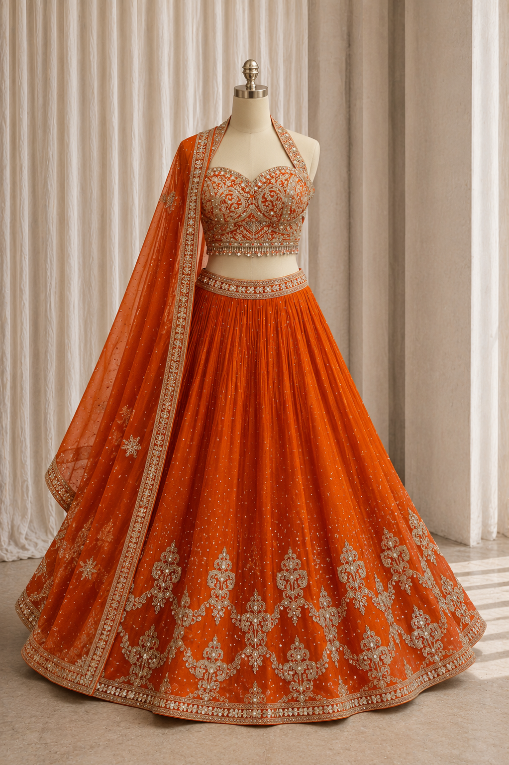 Charming Georgette Fabric and Orange Color Stone Work Lehenga Choli