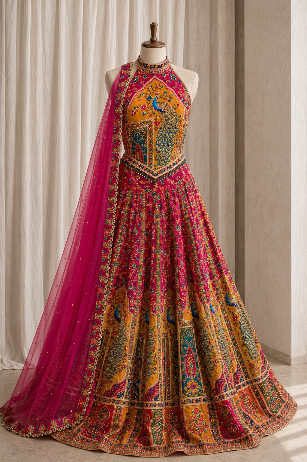 Stunning Georgette Fabric and Rust Rani Color Kashmiri Work Lehenga Choli