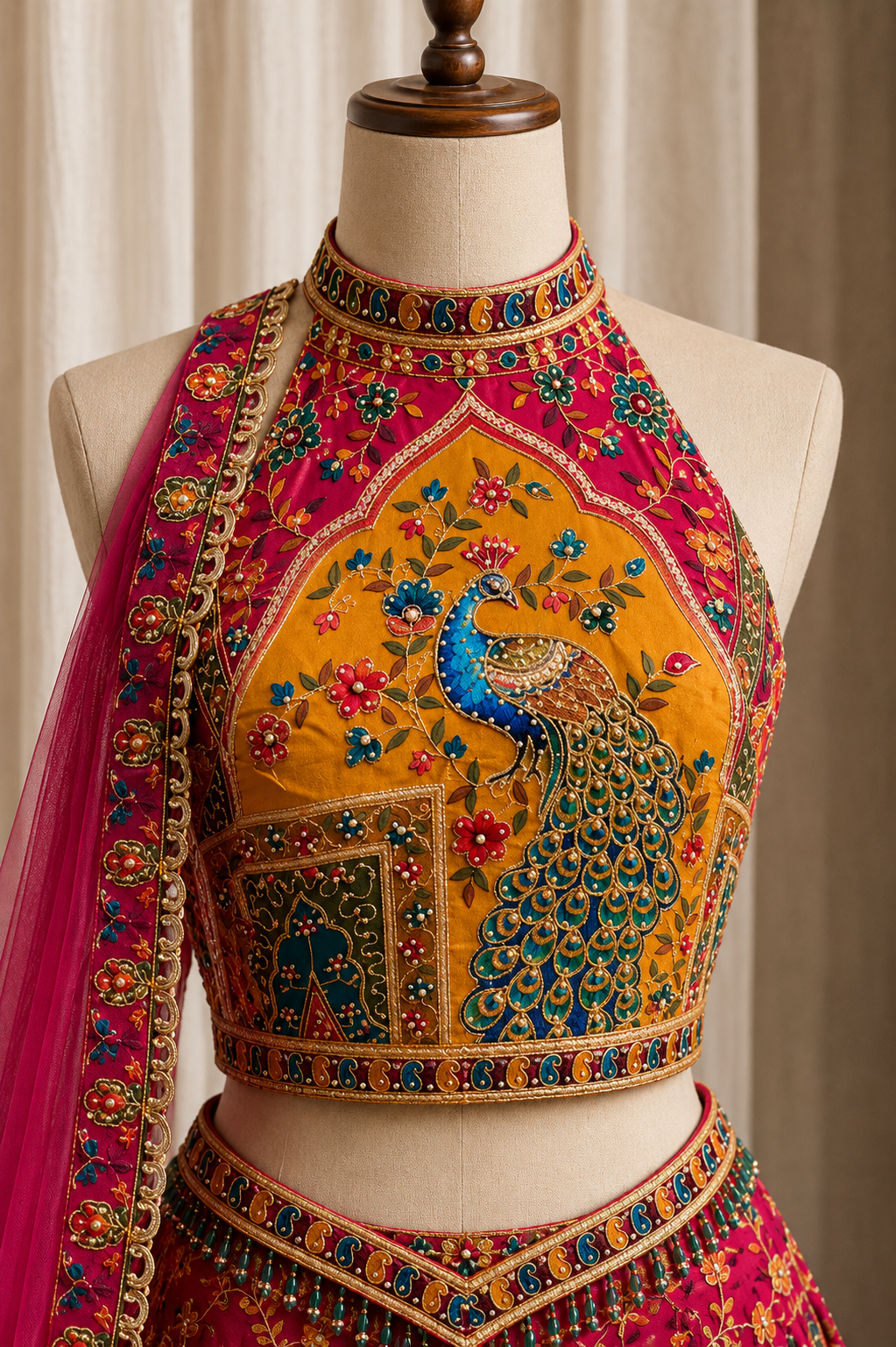 Stunning Georgette Fabric and Rust Rani Color Kashmiri Work Lehenga Choli