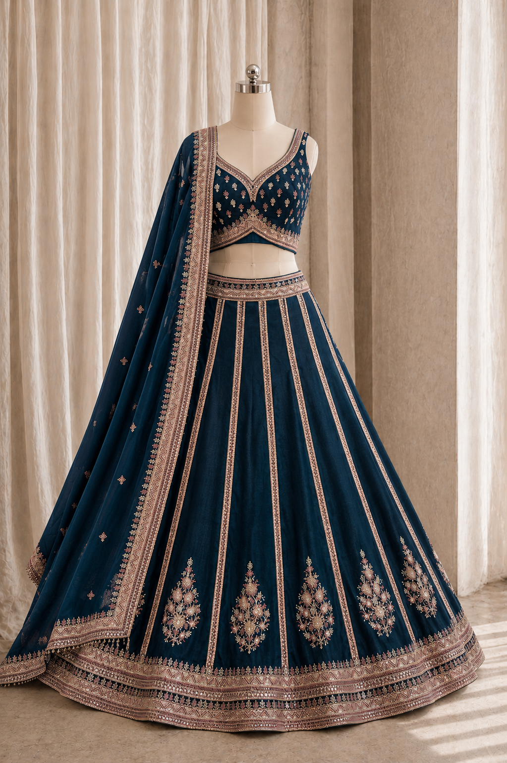 Pretty Georgette Fabric and Navy Blue Color Kashmiri Work Lehenga Choli