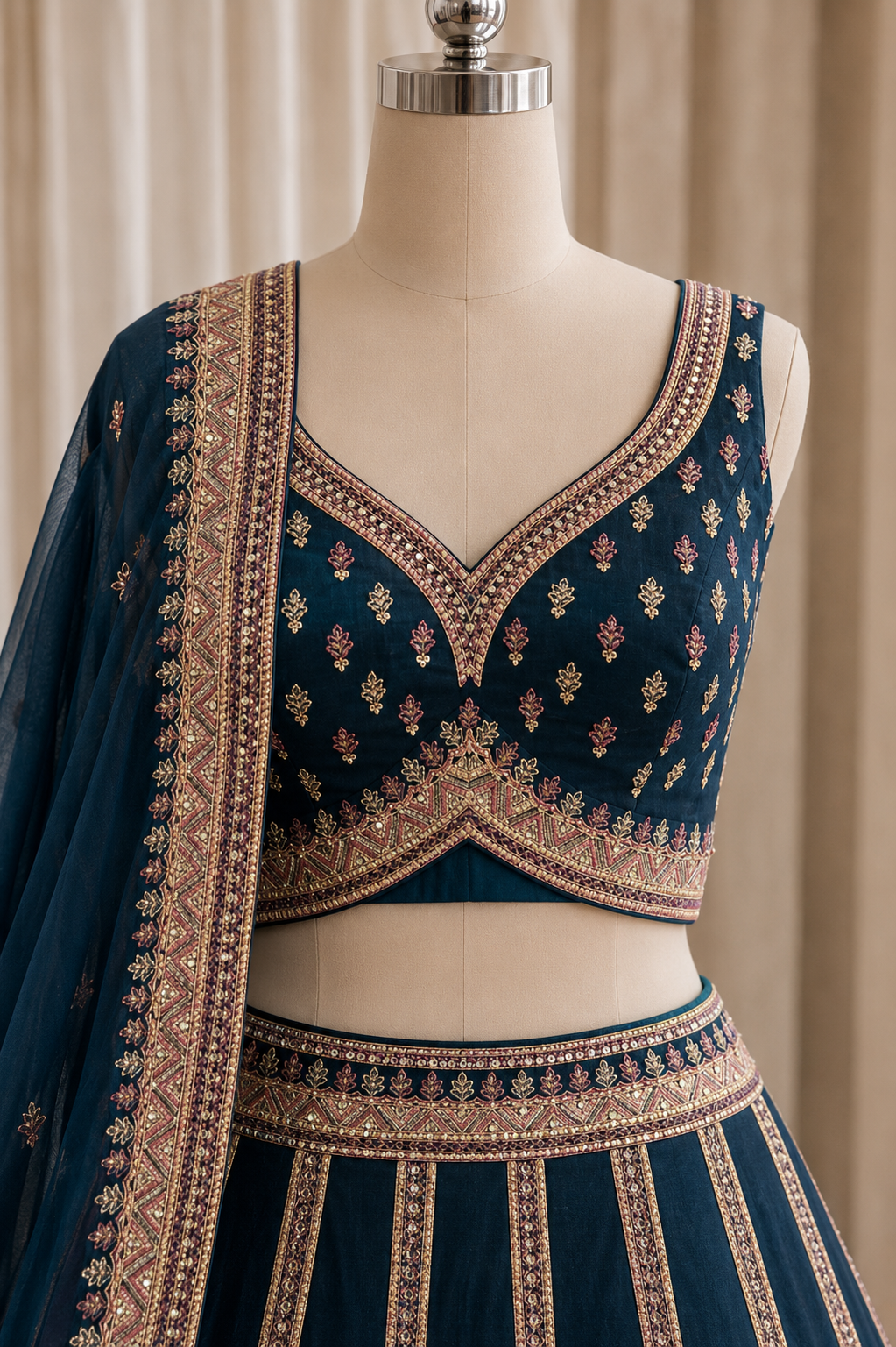 Pretty Georgette Fabric and Navy Blue Color Kashmiri Work Lehenga Choli