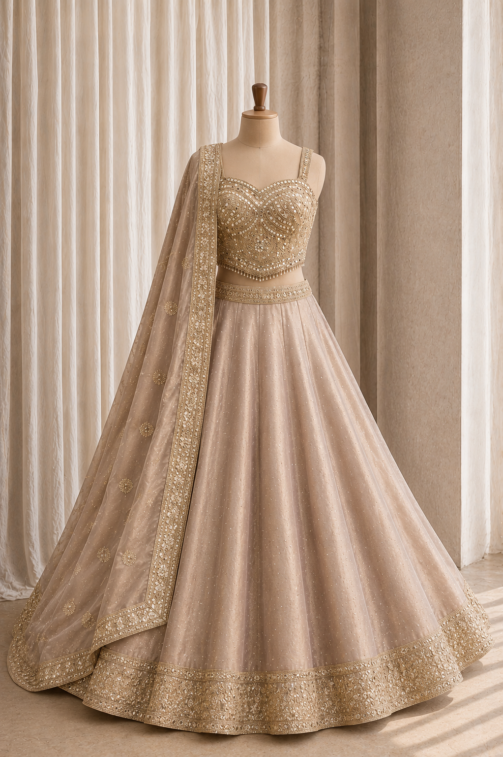 Perfect Tissue Silk Fabric and Rose Gold Color Mirror Work Lehenga Choli