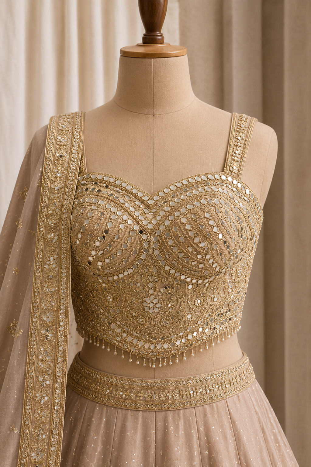 Perfect Tissue Silk Fabric and Rose Gold Color Mirror Work Lehenga Choli