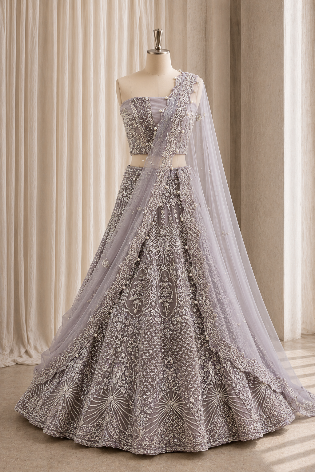Classic Net Fabric and Grey Color Diamond Work Lehenga Choli