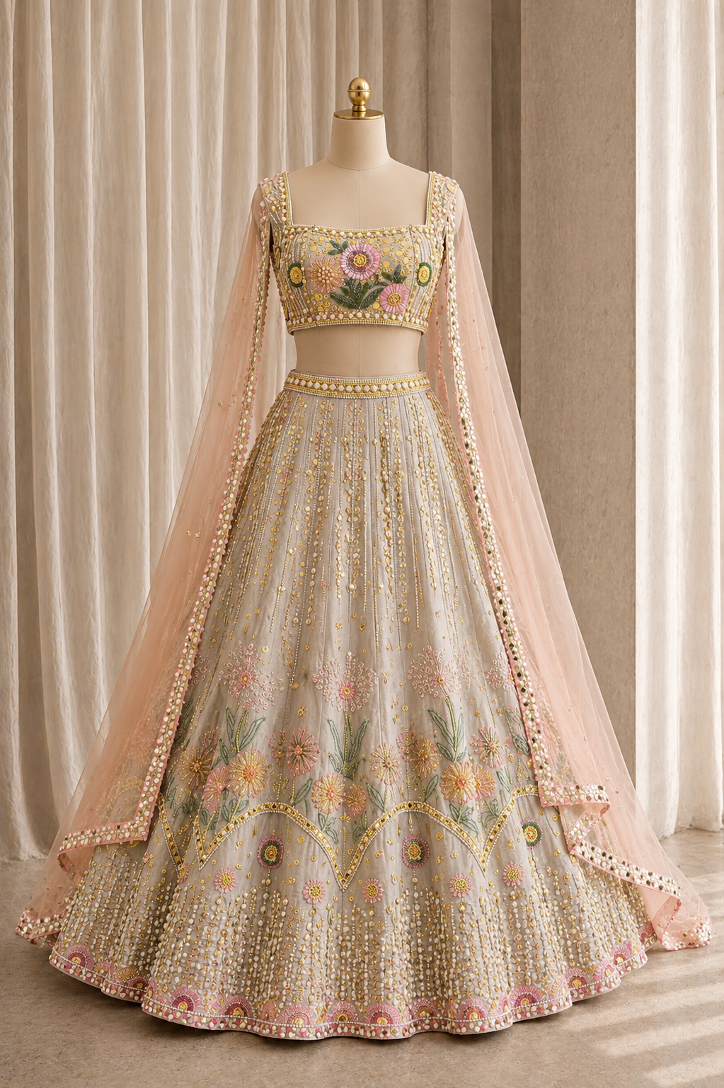 Magnificent Dupion Silk Fabric and Grey Color PDP Work Lehenga Choli