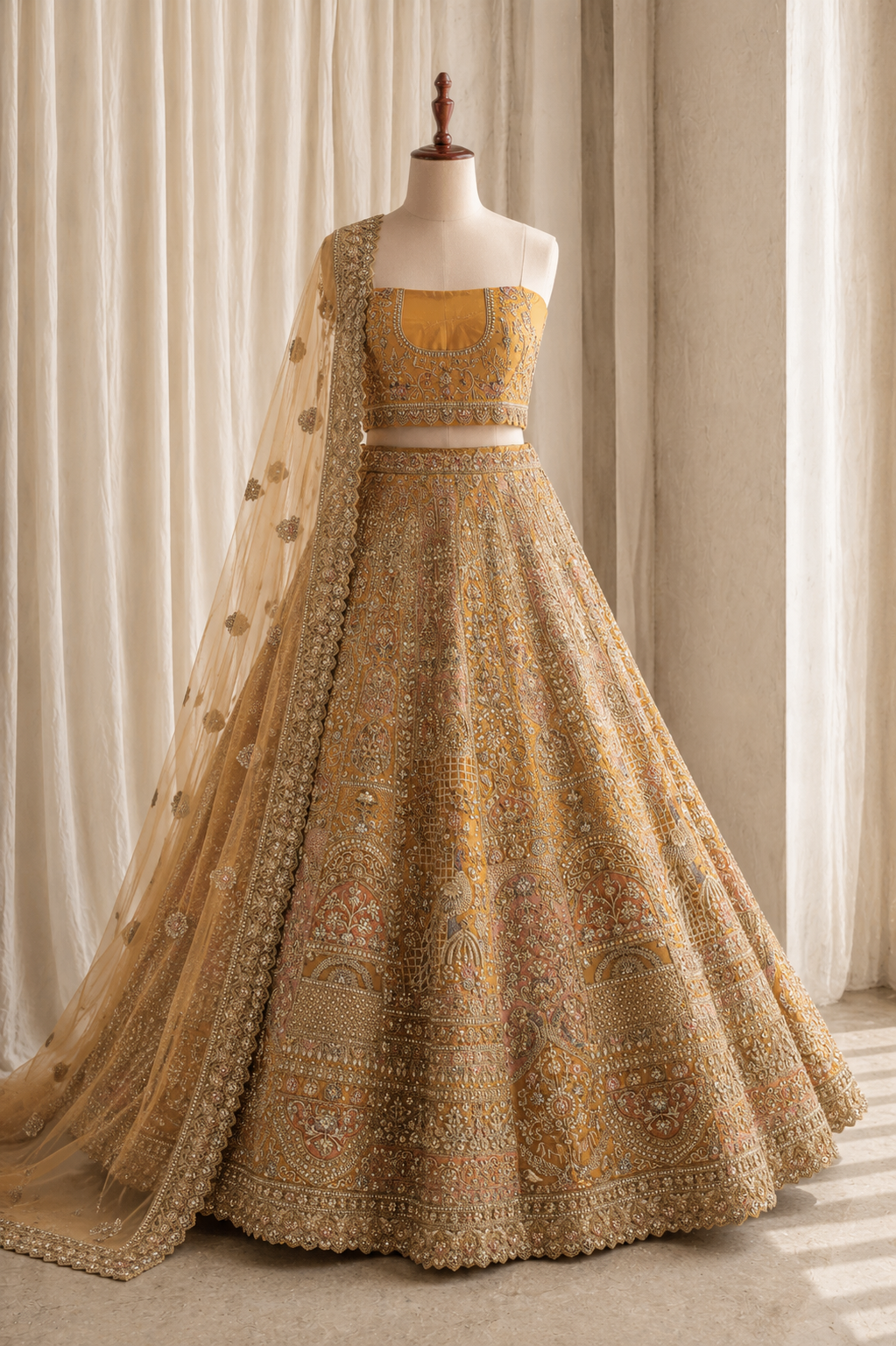 Activity Net Fabric and Mustard Color Kasab Work Lehenga Choli